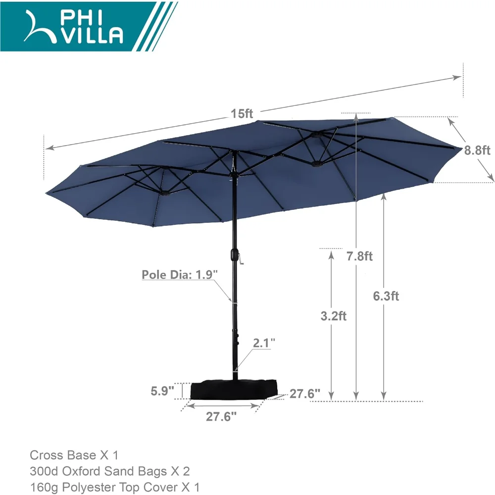 Grand parapluie avec base, parapluie d'extérieur double face de 15 pieds