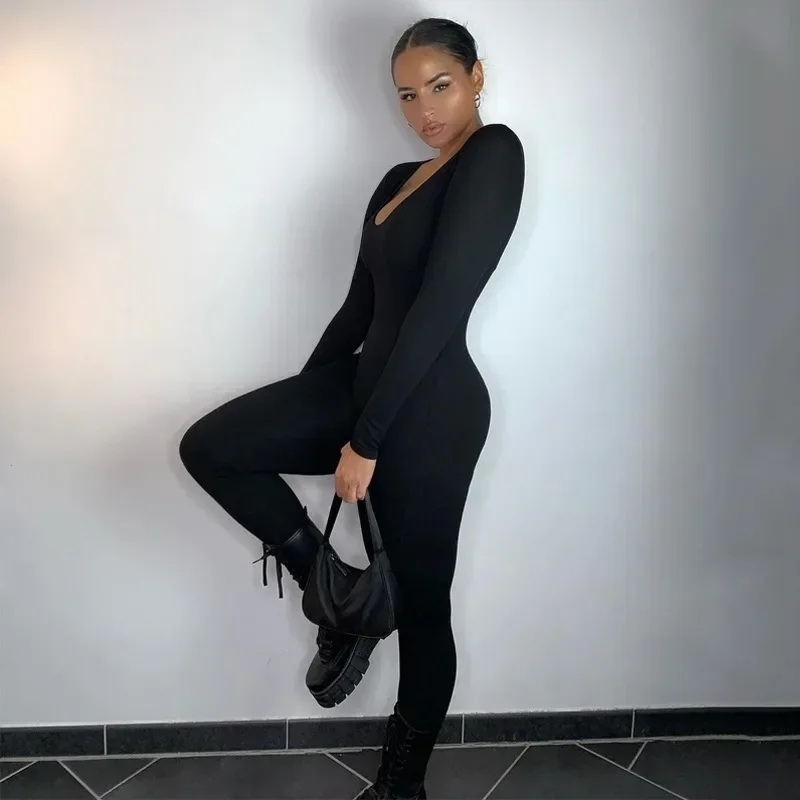 Sexy macacões feminino outono novo sólido manga longa bodycon preto macacão moda esportes streetwear casual magro geral feminino