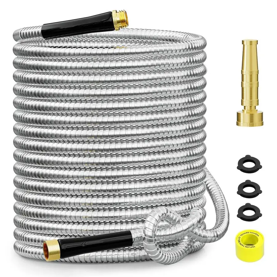 

50 ft 304 Stainless Steel Garden Hose Metal Heavy Duty Water Hose, Flexible Water Hose Pipe with 3 4 Solid Brass Connectors, NoE