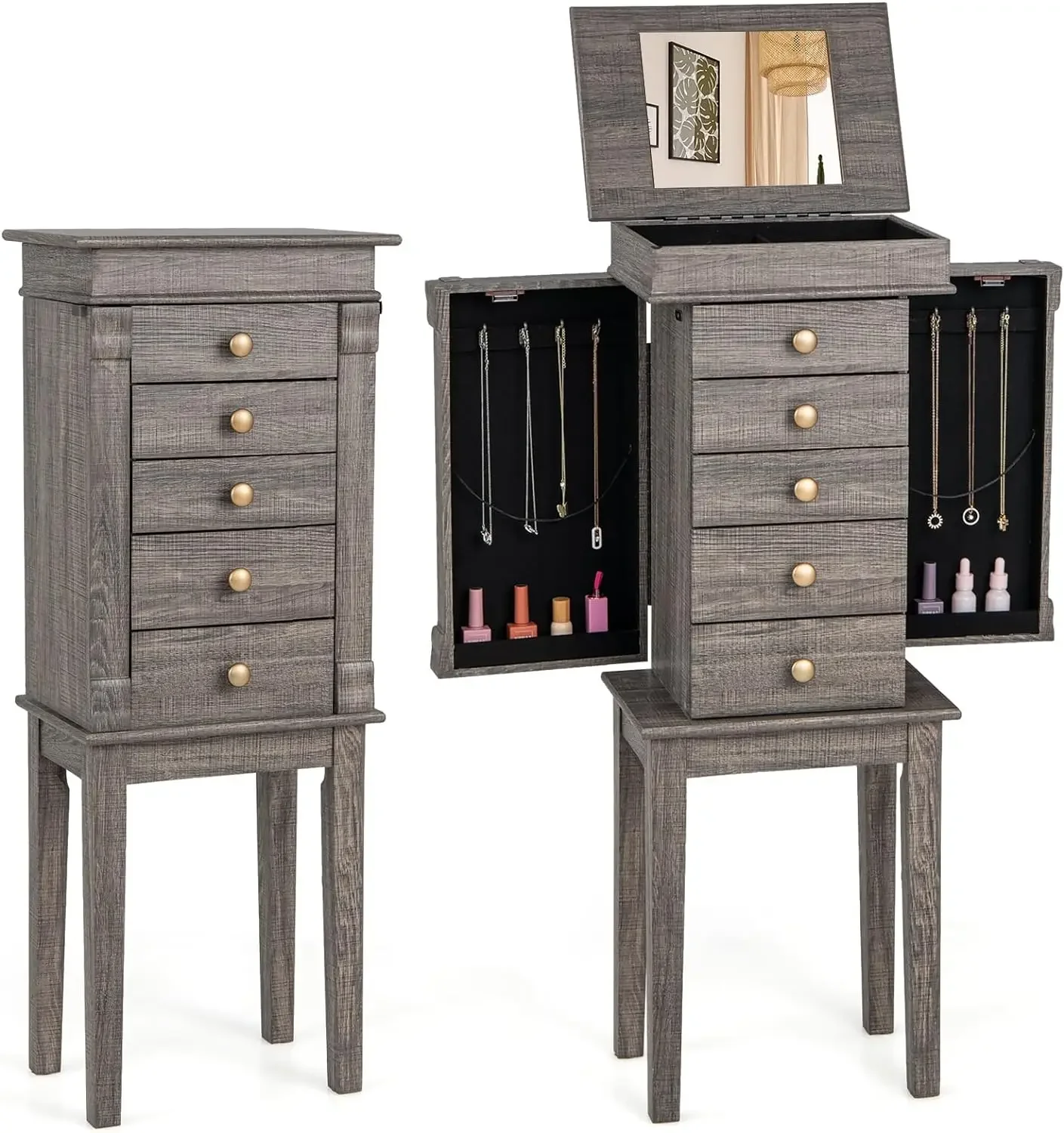 

Jewelry Cabinet Armoire w/ 5 Drawers, 2 Side Doors with 8 Necklace Hooks, Top Flip Mirror, 4-Compartments Organizer, Washed Gray