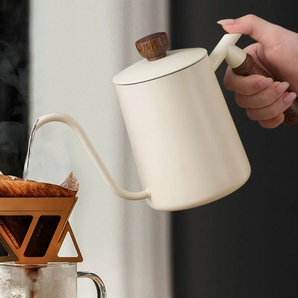 Wooden Handle Goose Neck Coffee Kettle Drip Port 304 Stainless Steel Pour-over Coffee Pot 600 ML Comfortable Grip