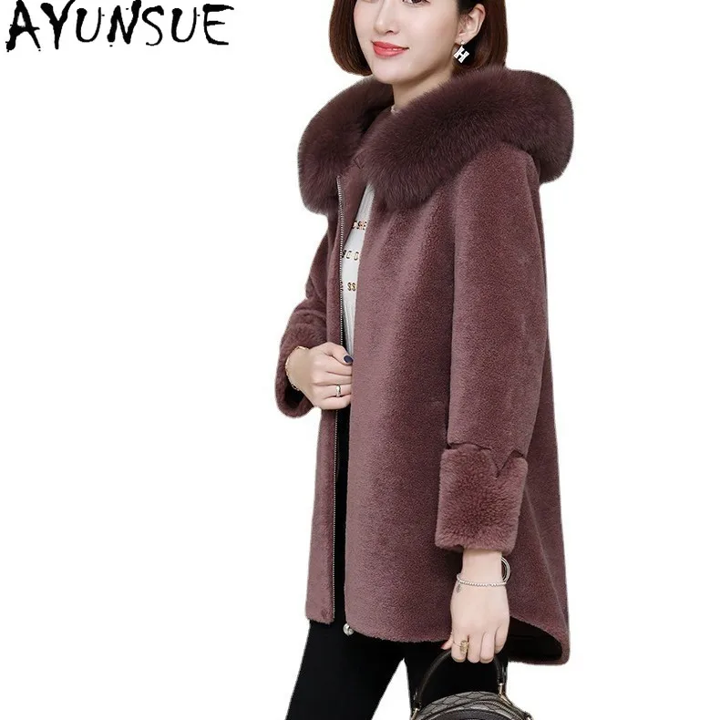 AYUNSUE 100% laine manteau 2025 vestes d'hiver pour femmes mouton cisaillement manteaux femme Composite fourrure intégré chaud col de fourrure de renard