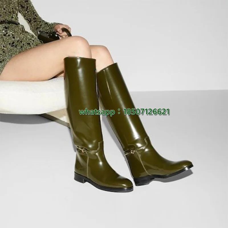 Flat Bottom Simple Round Toe Slip-On Knee-High Boots Solid Color Low Heel Women's Long Boots