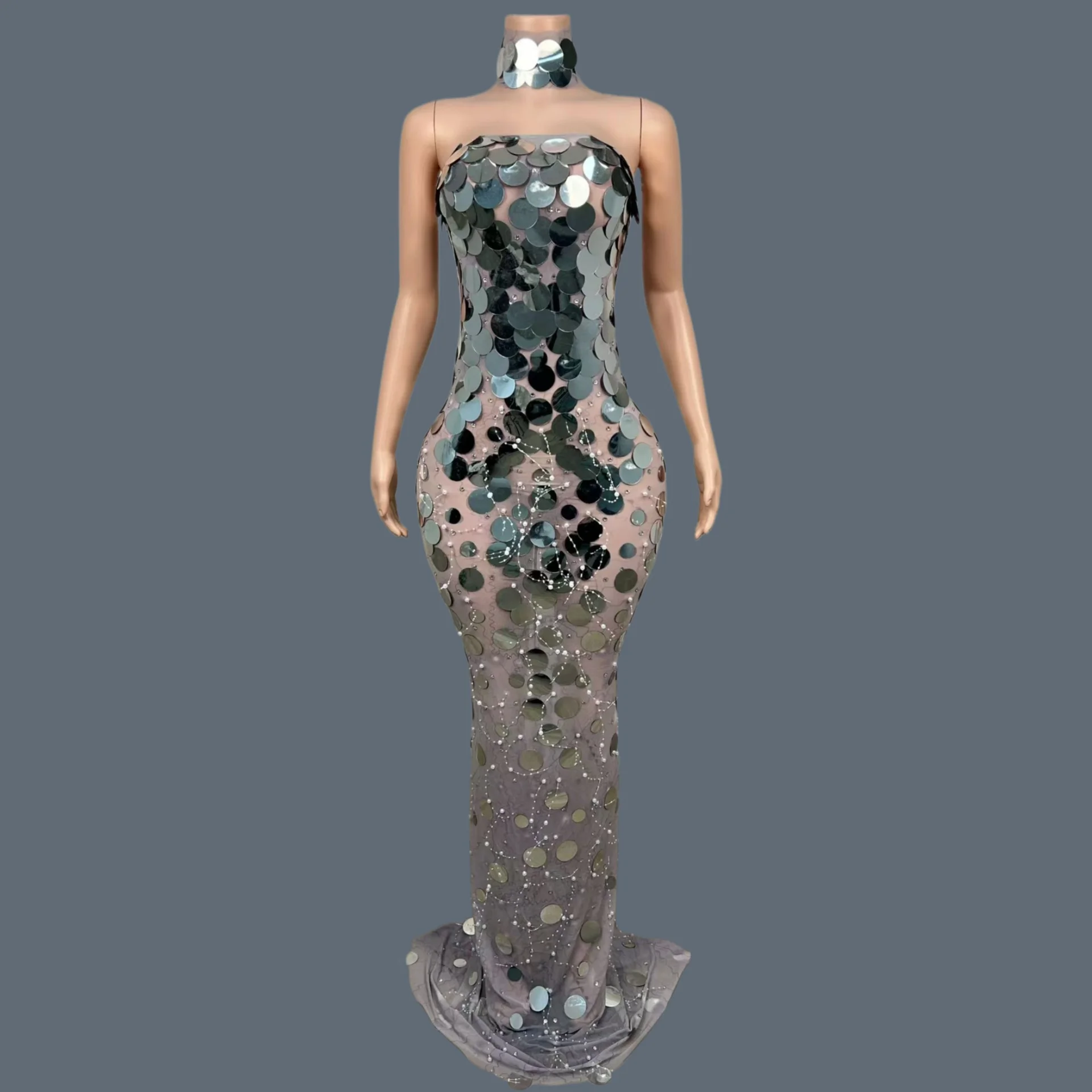 

Sparkly Sequins Strapless Tight Fitting Evening Gown Birthday Celebrate Prom Photo Shoot Wear See Through Mesh Sexy Outfit Yulin