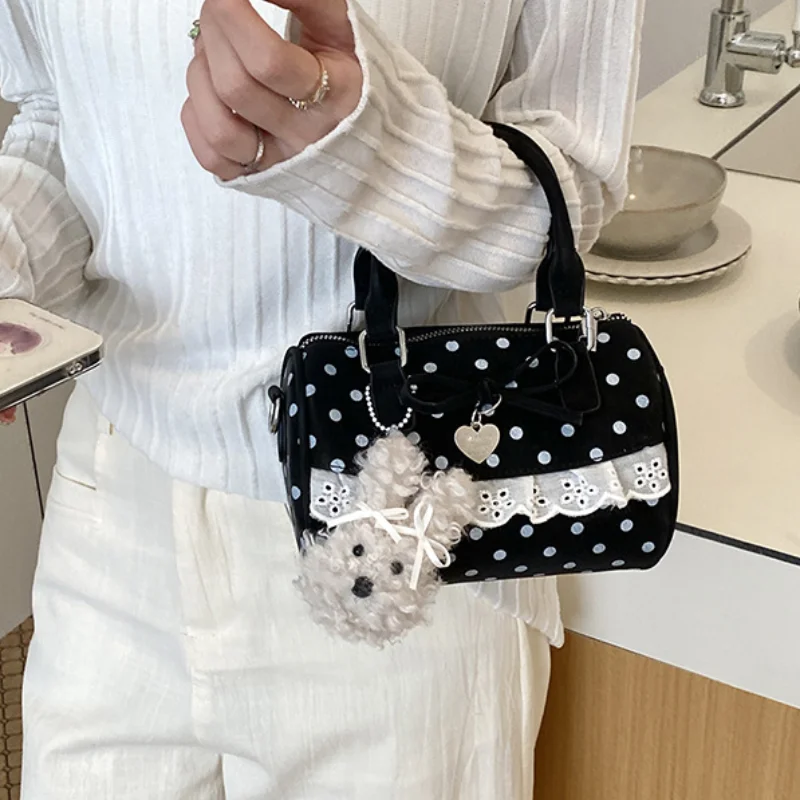 

Retro Polka Dot Bow Boston Bag Korean Lace Embroidery Trim Crossbody Bag Women Cute Lolita Zippered Handbag With Pendant