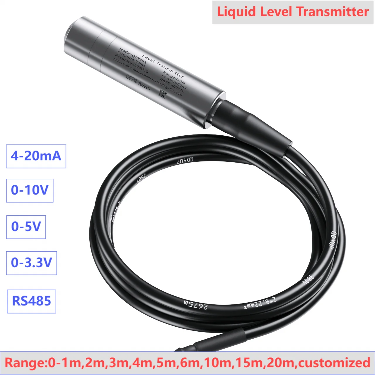 4-20mA Integral Level Transmitter Liquid Oil Water Level Sensor Probe 10m 15M RS485 for Pump Liquid Level Transducer 0-10V