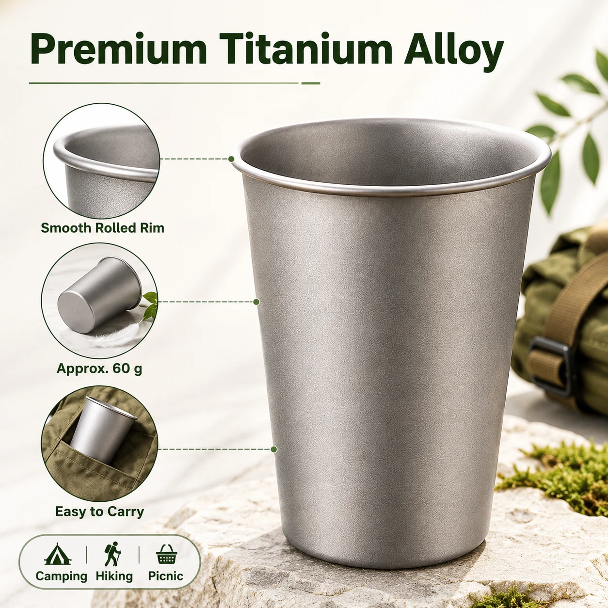 1-4Pcs Titanium Alloy Cups Approx 60g Lightweight Water Cup Camping Mug for Hiking Backpack Travel Outdoor Drinkware Tableware