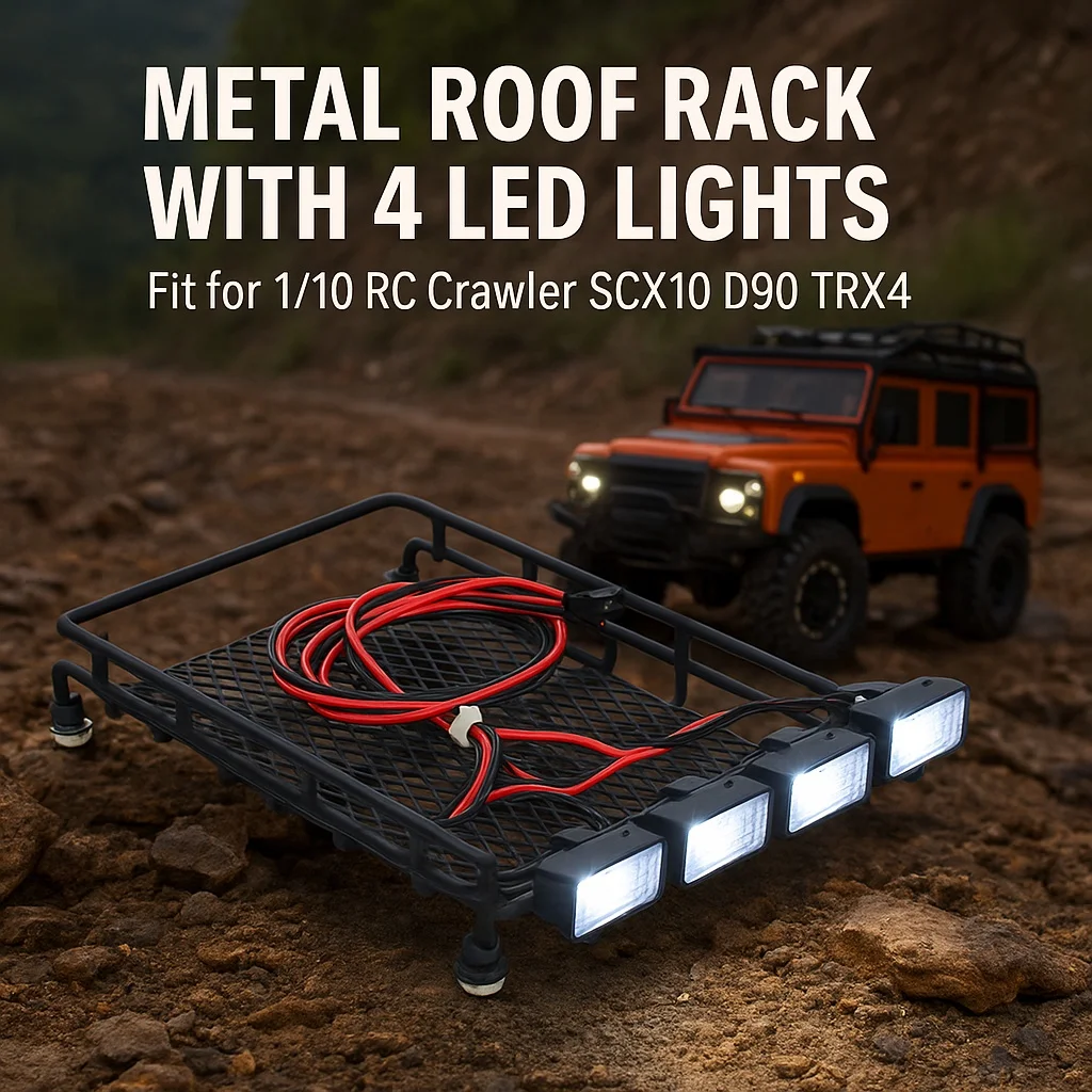 

Багажник на крышу среднего размера с легким квадратным багажником для гусеничного автомобиля с дистанционным управлением от 1 до 10 аксессуаров SCX10 с четырьмя белыми огнями