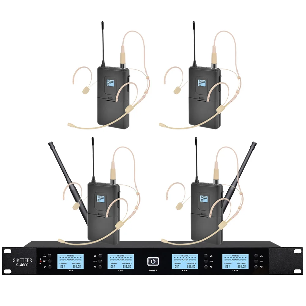 

Профессиональный беспроводной UHF-микрофон, 4-канальный петличный микрофон-гарнитура, подходящий для караоке, вечеринок и выступлений.