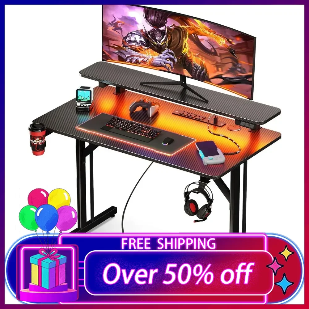 31 Inch Gaming Desk with LED Lights & Power Outlets,  Computer Desks with Monitor Shelf, Gamer Desk with Carbon Fiber Textur