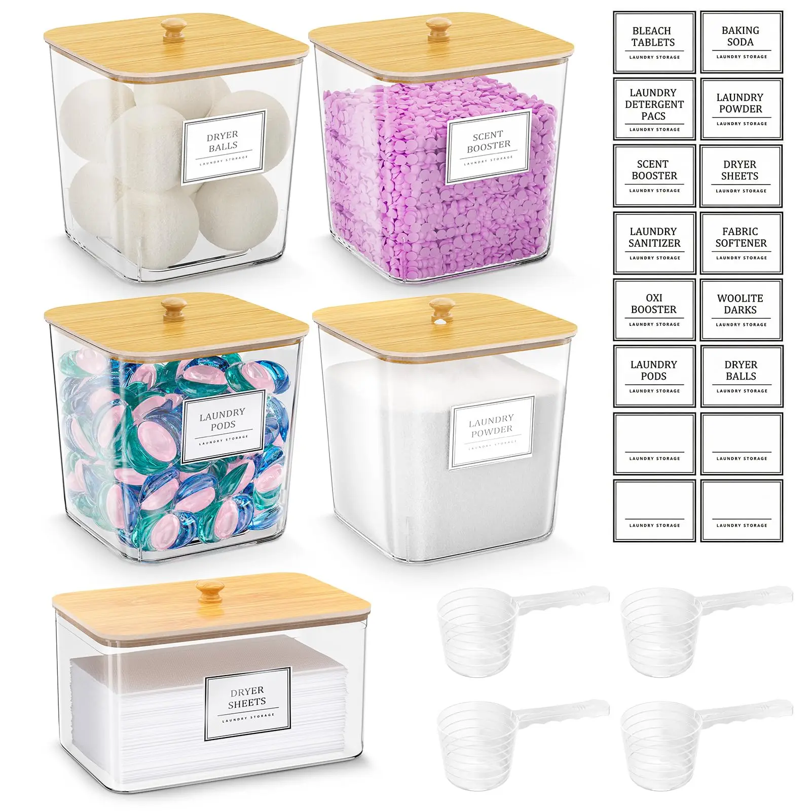 Laundry Pods Storage Container, Clear Acrylic Laundry Room Organization and Storage, Detergent Powder Container, with Wooden Lids & Labels, 4+1/3+1/2+1 Pack Options Available.