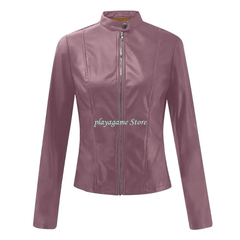 Y88A Damen Kunstlederjacken, abgeschnittene PU-Motorradjacke, schlanker Stehkragen, Biker-Bombermäntel, Herbst-Outfits,