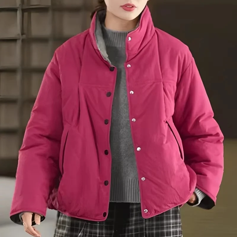 

Fashionable Casual, Warm Short Quilted Coat Retro Contrasting Color Stand Up Collar Cotton Jacket For Women Autumn Winter w1617