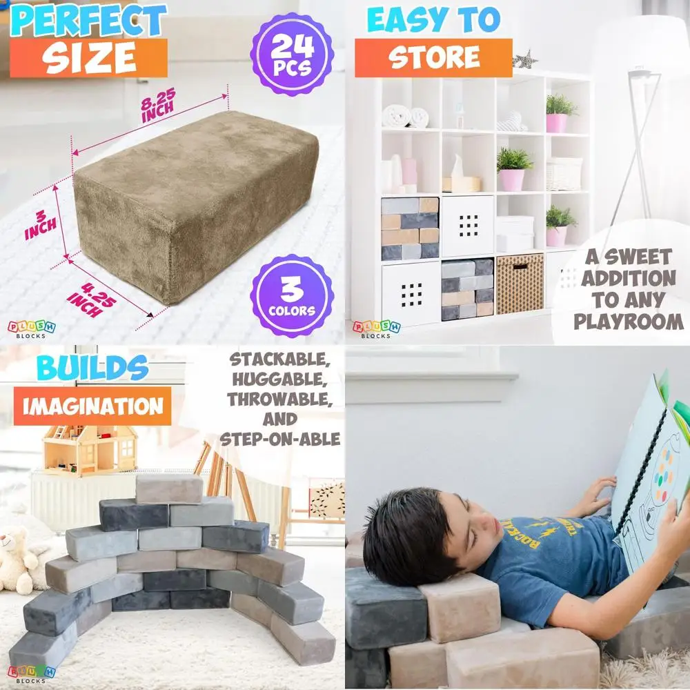 Blocchi di lusso in schiuma coperta di tessuto morbido: cassaforte per bambini, set castello rock da 24 pezzi