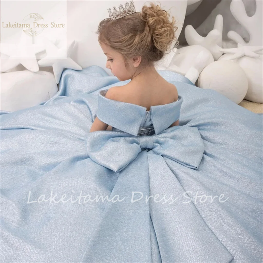 Flower Girl Dresses Sky Blue Satin With Big Bow Off Shoulder Long Skirt For Wedding Birthday Banquet Princess Gowns