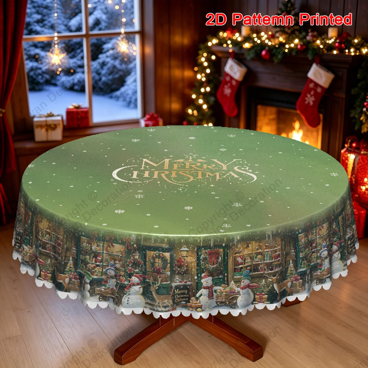 Merry Christmas themed tablecloth, Christmas gift shop style, retro street scene pattern printed with elements such as reindeer,