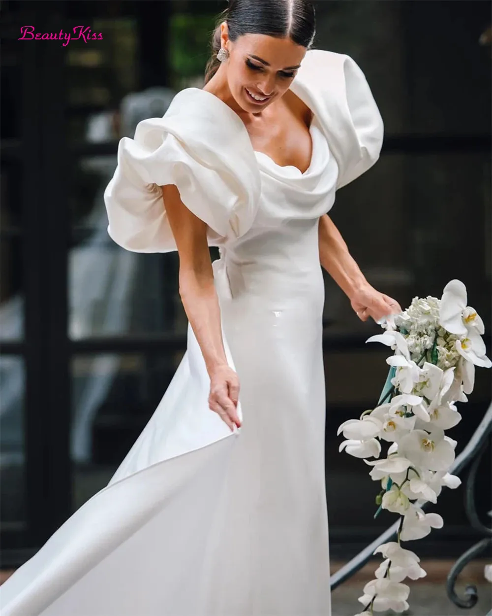 Robes de mariée sirène simples et solides, col carré froncé, manches bouffantes, robe de bal de soirée, longues robes de mariée élastiques, 2026