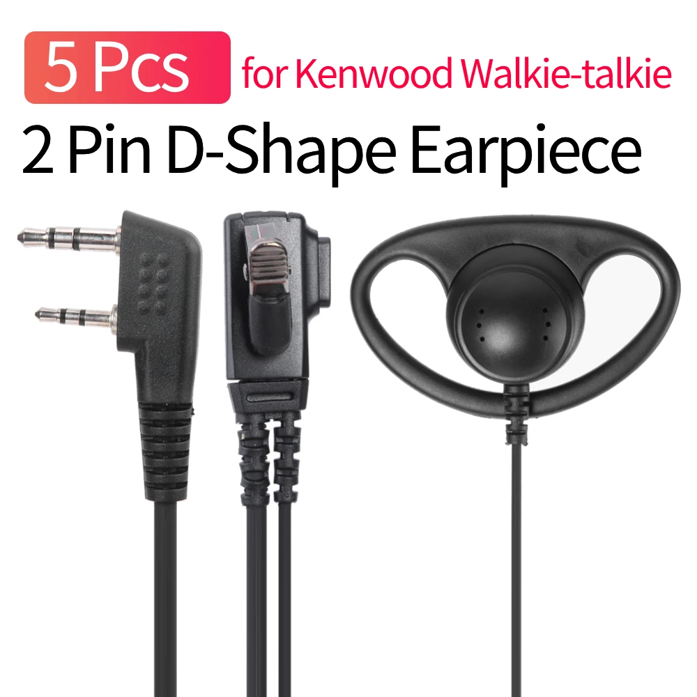 5 Pcs 2 Pin Walkie Talkie Headset with MIC PTT D-Shape Walkie Talkie Earpiece Headset Accessories for Baofeng Kenwood Radio