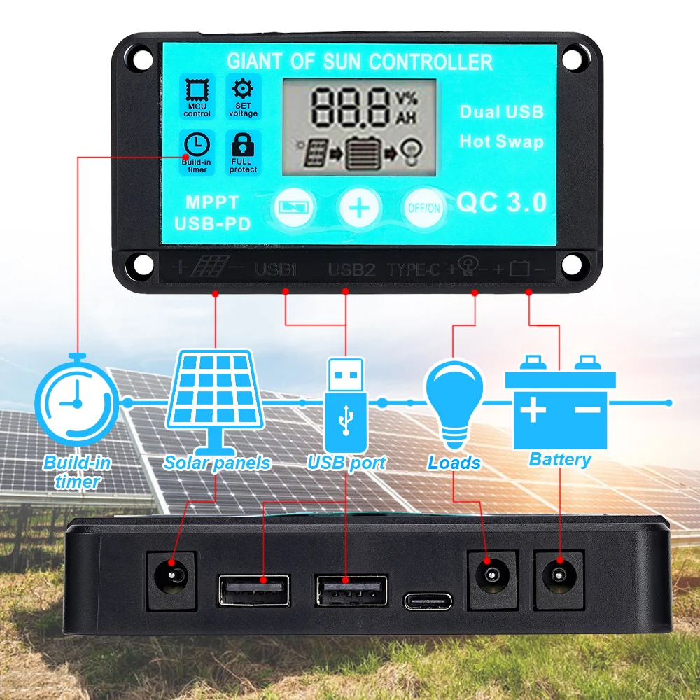 10A Auto MPPT Solar Controller Dual USB LCD Display Output 12V 24V Auto Solar Panel Battery Charge Regulator