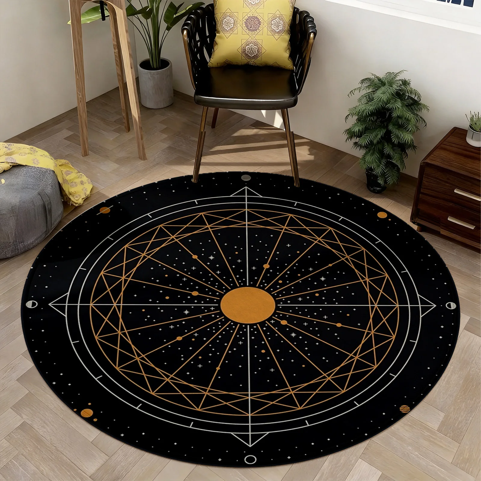 Large Round Constellation Area Rug Black Gold Star Map Celestial Astrology Zodiac Boho Space Decor Modern Living Room Carpet Mat - view 2