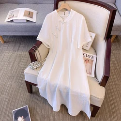 Plus-size women summer casual commuting loose comfortable dress white Chinese style button simple zipper short-sleeved dress