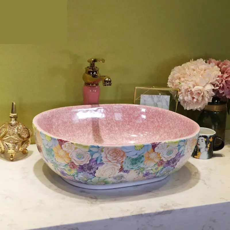 

Handmade colorful China Artistic Art wash basin Ceramic Counter Top Wash Basin Bathroom Sinks vanity wash basins oval