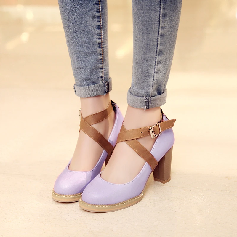 Ankle Cross Fine Strap Buckle Shallow High Heels Round Toe Ultra-High Wood Grain Thick Heel Breathable Summer Women's Pumps