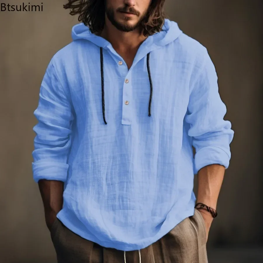 New2025 Men's Casual Cotton Linen Shirts Hoodies Comfortable Breathable Solid Pullovers Tops Soft Daily Wear Men's Clothing Tops