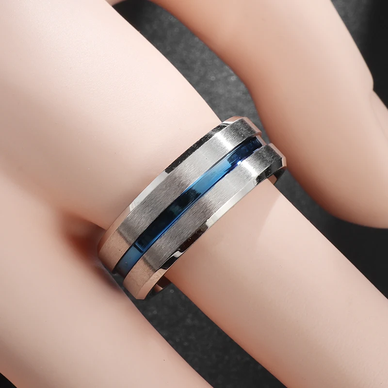 Stainless Steel Simple Blue Channel Silver Ring Men\'s Rock Party Punk Ring Father\'s Day Trendy Jewelry Gift Accessories