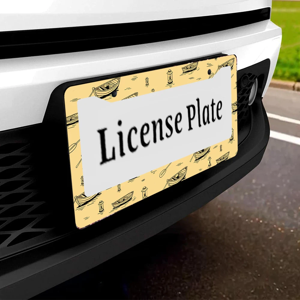 1 قطعة إطار لوحة ترخيص أصفر عتيق بفتحتين مع نمط قارب، مادة ألومنيوم، 6 × 12 بوصة، يتضمن ديكور سيارة لولبي