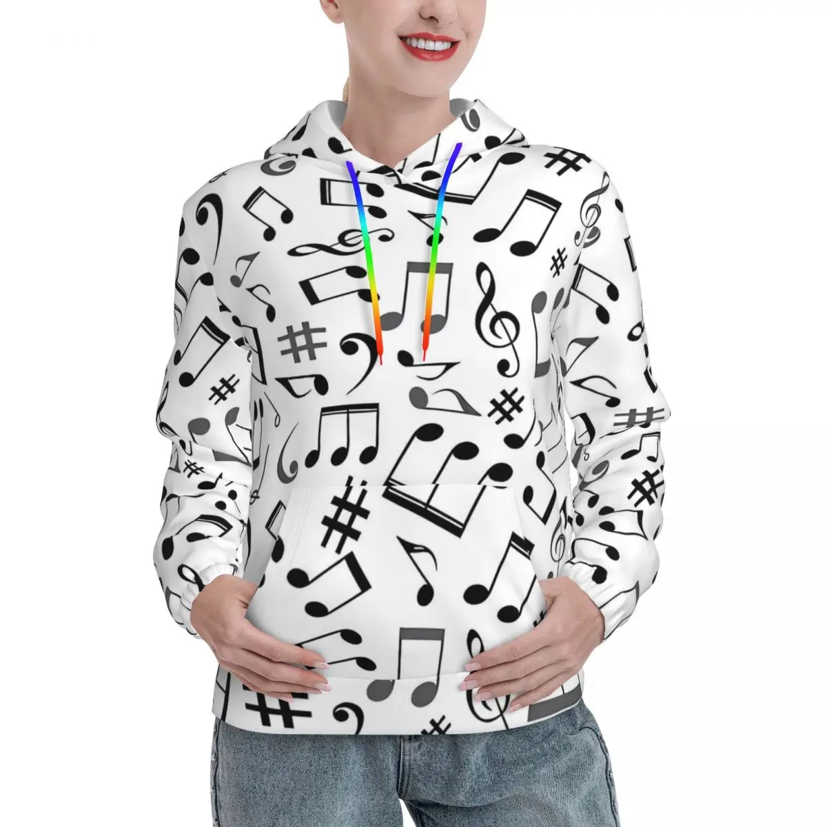 

Music Note Streetwear Hoodies Winter Black And White Korean Fashion Hooded Shirt Women Trendy Pattern Oversize Hoodie