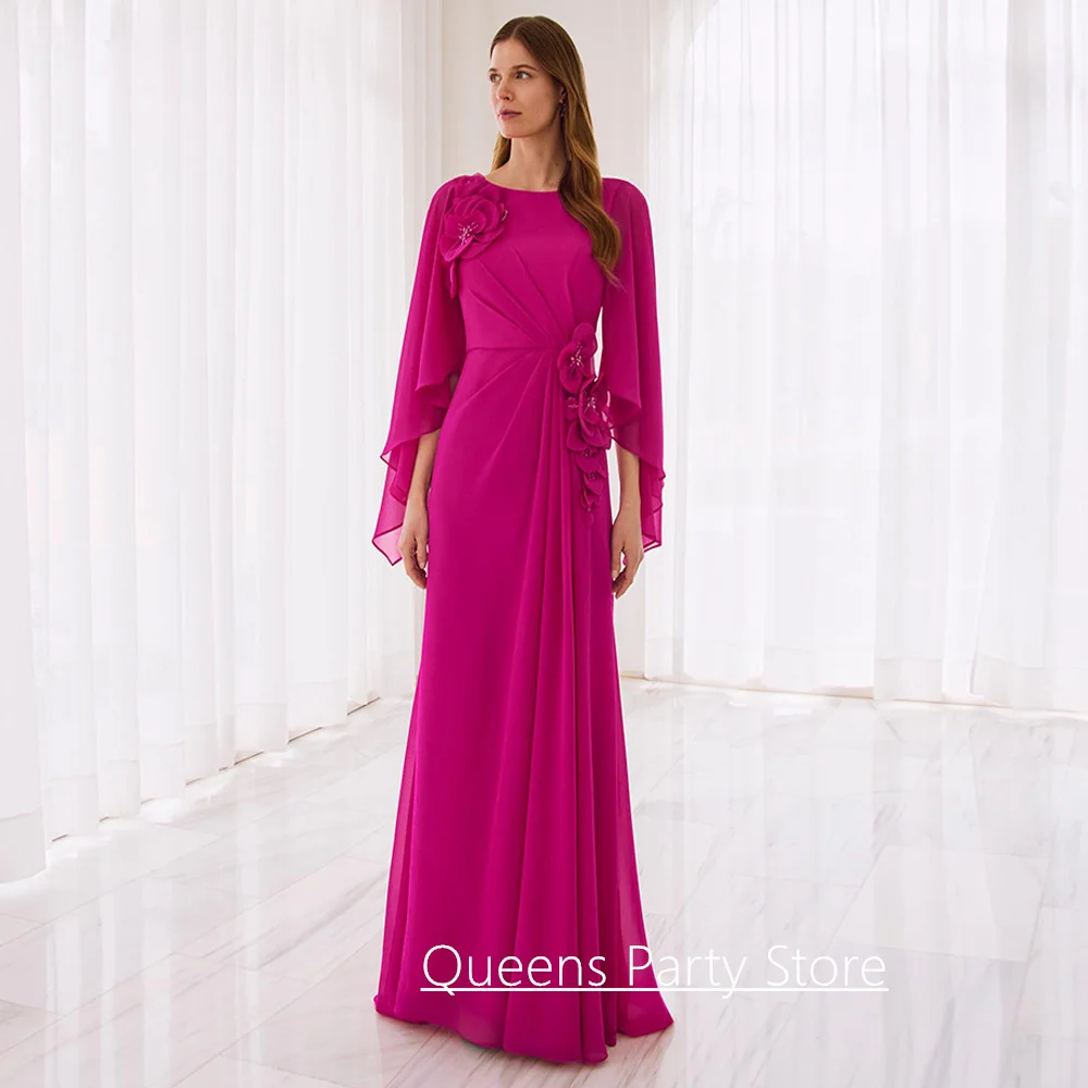 Groom's Mom Wedding Party Dresses Customized Round Neck Batwing Sleeves Pleat Flowers Beading Mother of The Bride Gown
