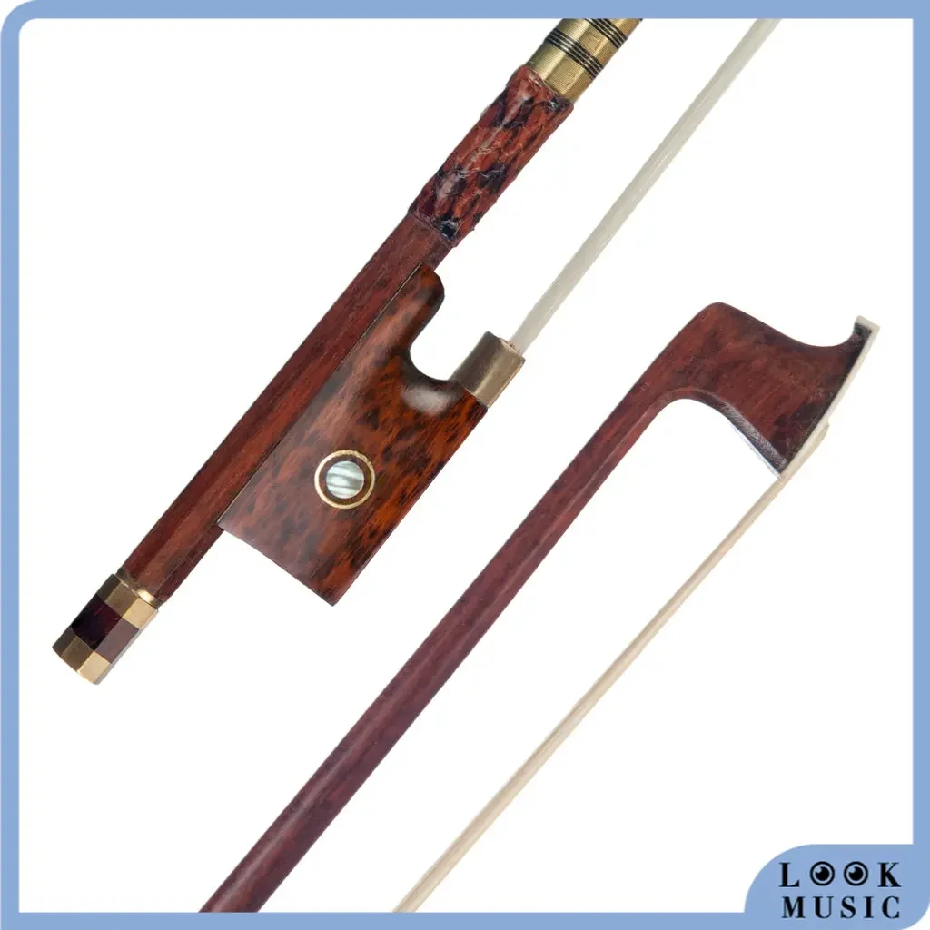 LOOK 4/4 Pernambuco Violin Bow Round Stick Bow W/ Snakewood Frog Paris Eye Inlay Snake Skin Grip White Mogolia Horsehair