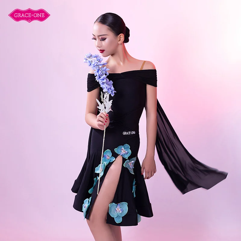 

Vennystyle Latin Dance Dress with Flowery Sash & High Slit Skirt Halter Neck for Girls Practice Performance Ballroom costumes