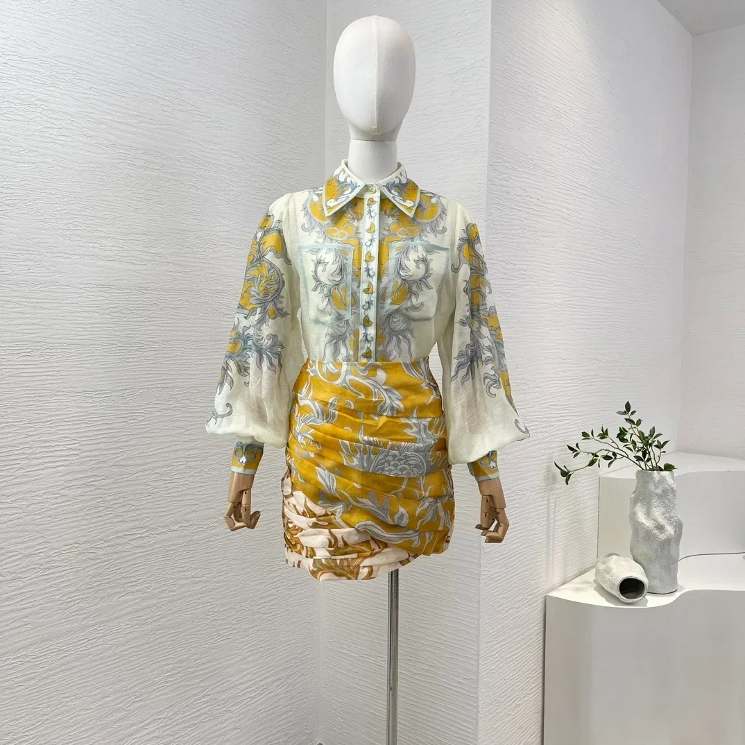 2024 New Summer Women Silk Linen Yellow Floral Position Print camicetta a maniche lunghe gonna Set collezione Vintage di alta qualità