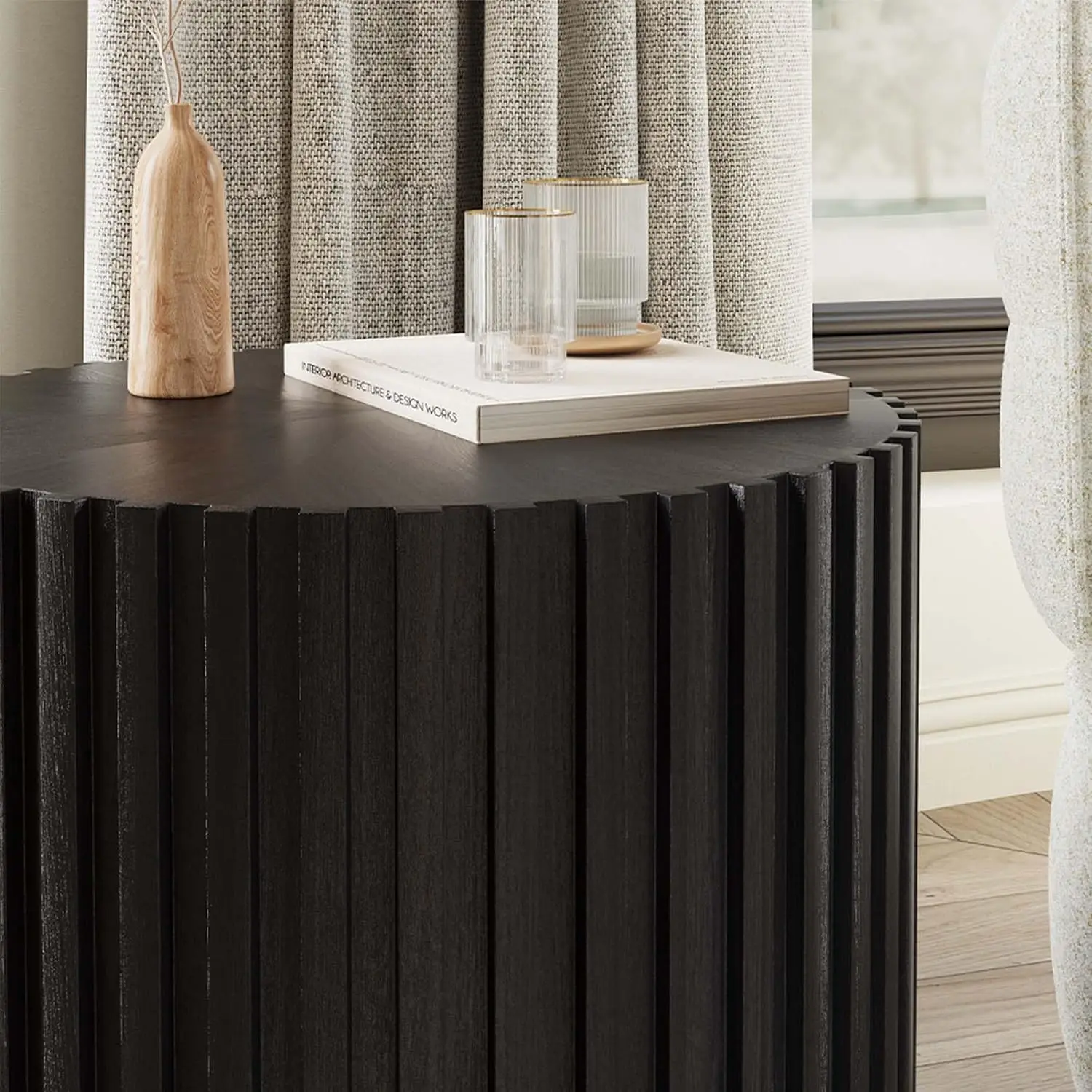 Round Wood Fluted Coffee Table Modern End Table for Living Room Black Fully Assembled, Customized