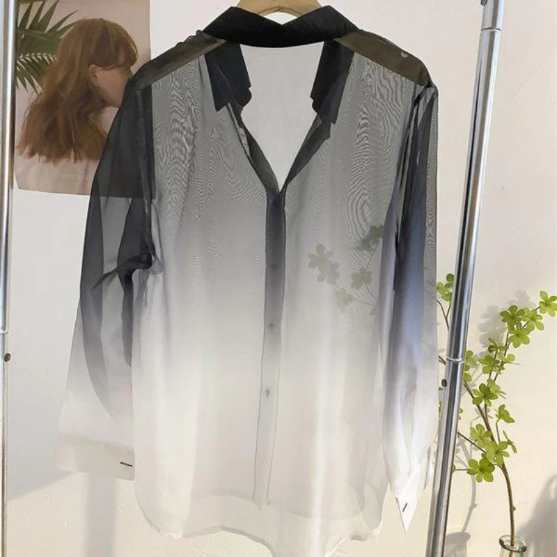 Long Sleeve Shirts Women Loose Fit Gradient Chiffon Thin All-match Streetwear Breathable See-through Unique Sexy Sun-proof Y2k