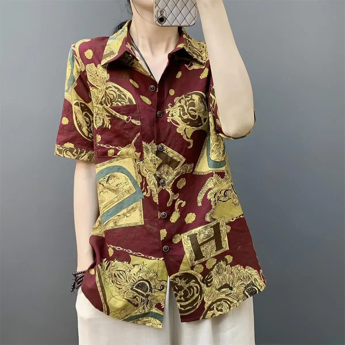 Vintage Casual Paisley Printing Pockets Button Shirt Summer 2023 New Streetwear Polo-Neck Short Sleeve Loose Tops Women Clothing