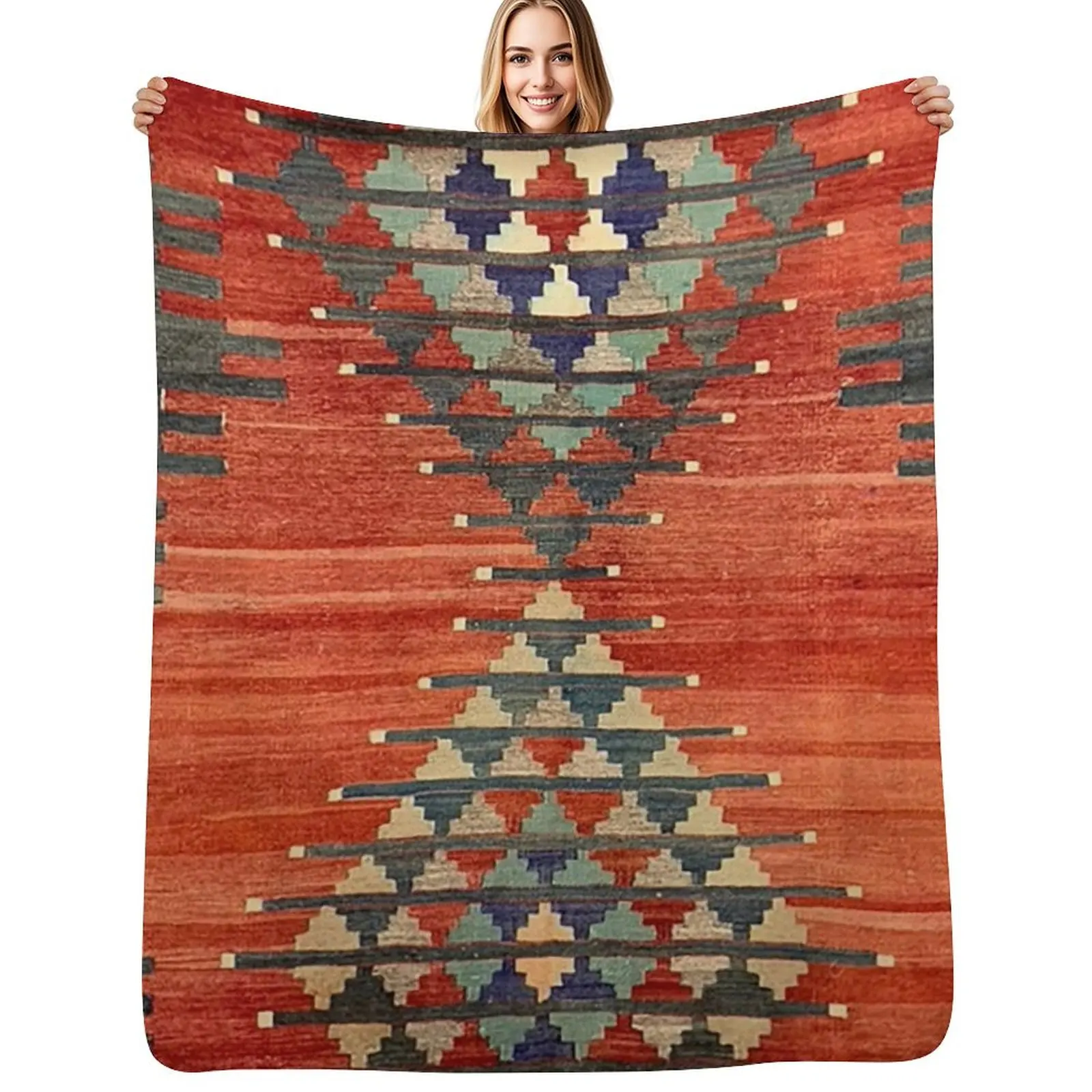 

Vintage Kars Decorative Whole Kilim, Navaho Weave, Woven Aztec Textile Throw Blanket Beautifuls Bed Fashionable Travel Blankets