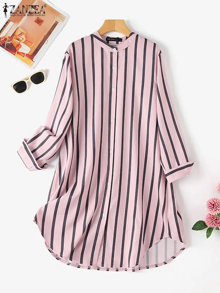 ZANZEA 2024 Spring Autumn Women Shirt Full Sleeved Oversized Blouse Striped Printed O-Neck Tops Casual Tunic Fashion Blusas