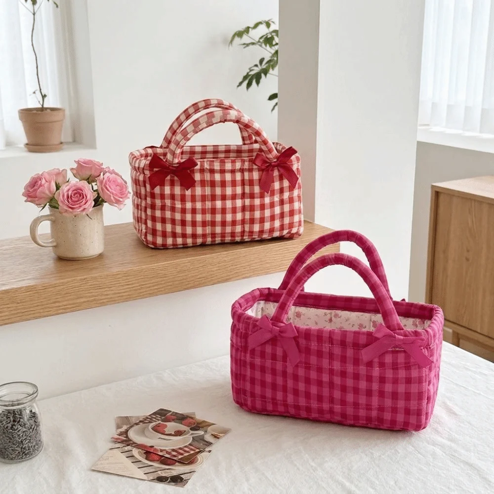 Quilted Craft Lunch Bag Plaid Design Bow Decor Storage Basket Portable Handle Two Colors Optional Organizer Bag Maternity Use