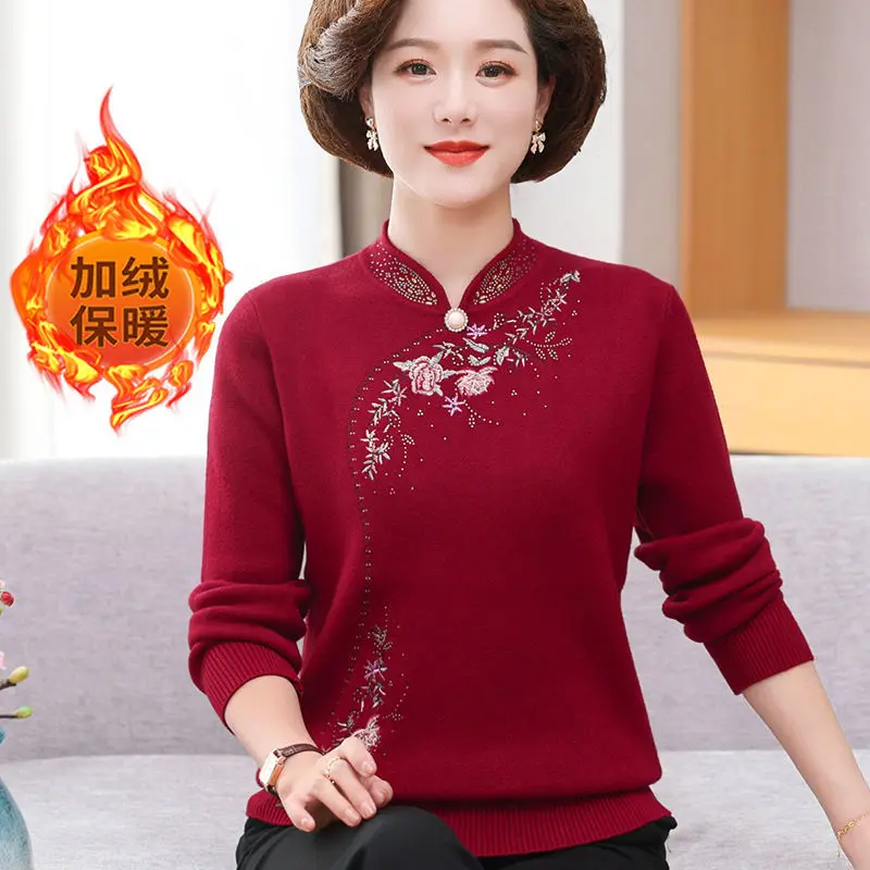 Winter Sweater Women Elegant Thicken Velvet Warm Sueter Fleece Knitted Pullover Top Middle Aged Elderly Mother Jumper Knitwear