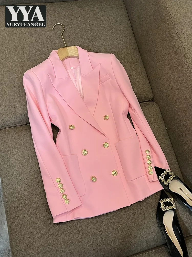 

Women Spring New Pink Double Breasted Blazer Jacket Elegant Office Ladies Work Suit Coat Designer High Quality Cargo Outerwear