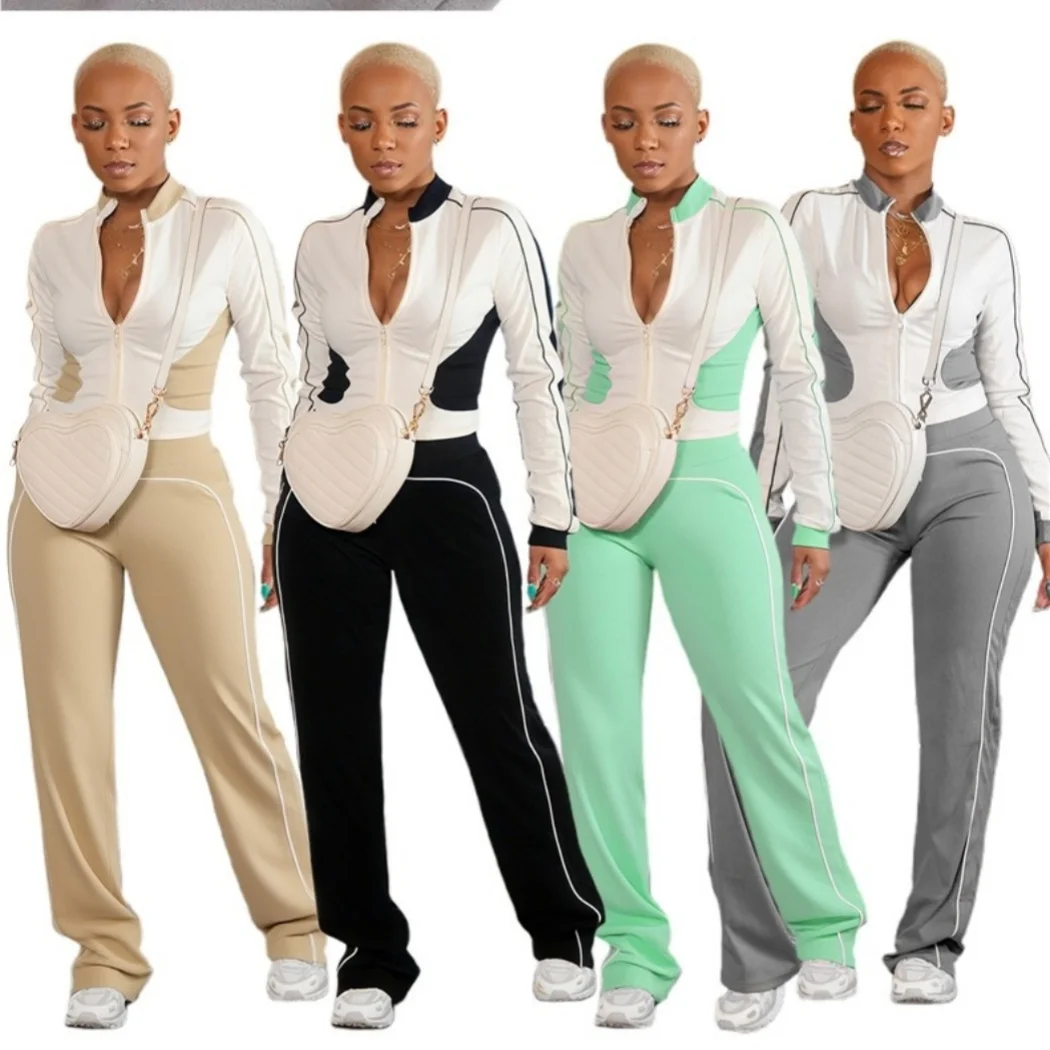 

Women Set Fall Fashion Colorblock Long Sleeve Jackets And High Waist Pants Sports Casual 2 Piece Set Women Jogger Tracksuit Set