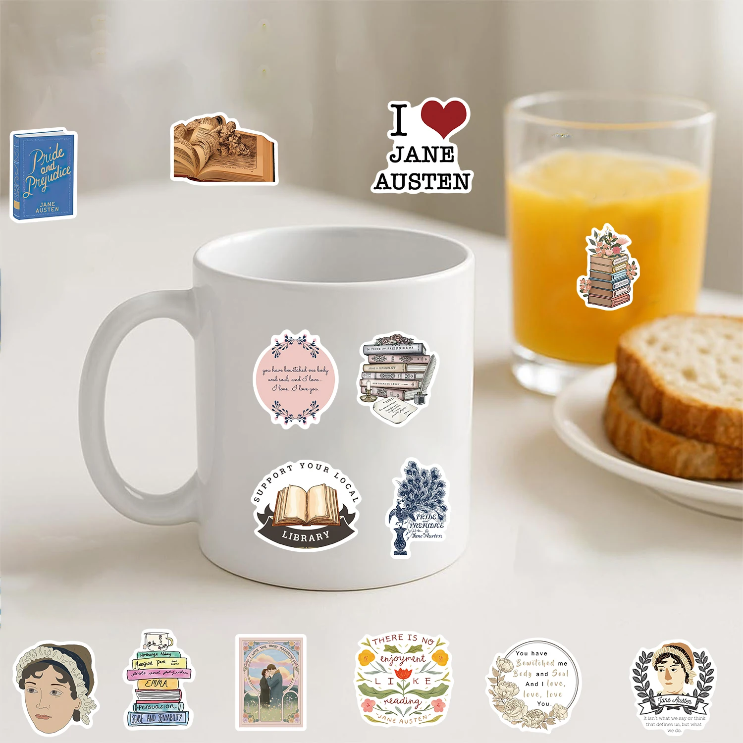 50PCS Stickers Jane Austen Print Notebook Motorcycle Streetwear Laptop Luggage Living Room Student Graffiti Waterproof Stickers