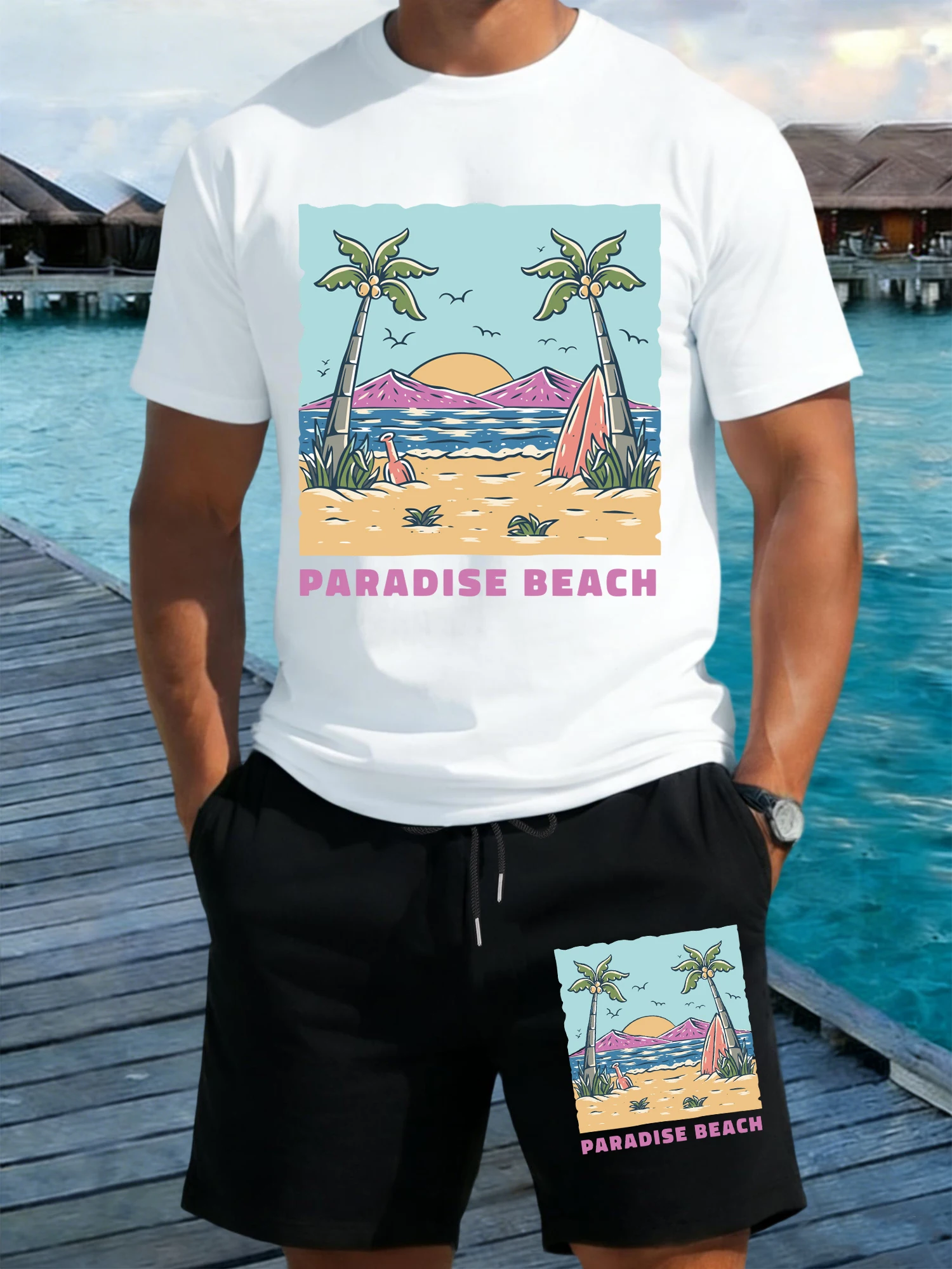 

Pardise Beach Coconut Tree Print Man T-Shirt Set Cotton O-Neck T Shirt Wide-Leg Summer Shorts Loose Drawstring Black Pants