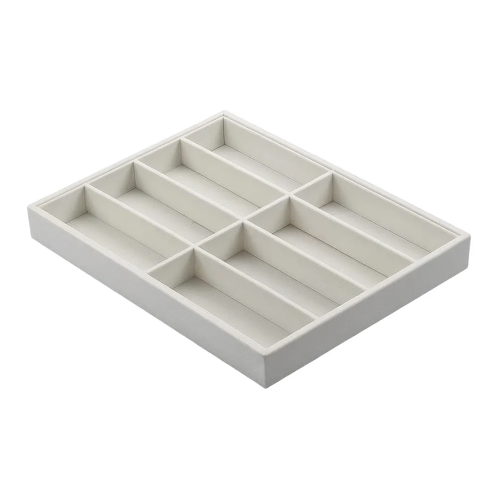 Velvet Organizer Tray for Jewelry Watches Glasses 8 Compartments Stackable Storage Box 35x24x4cm Cloth Material Grey Beige