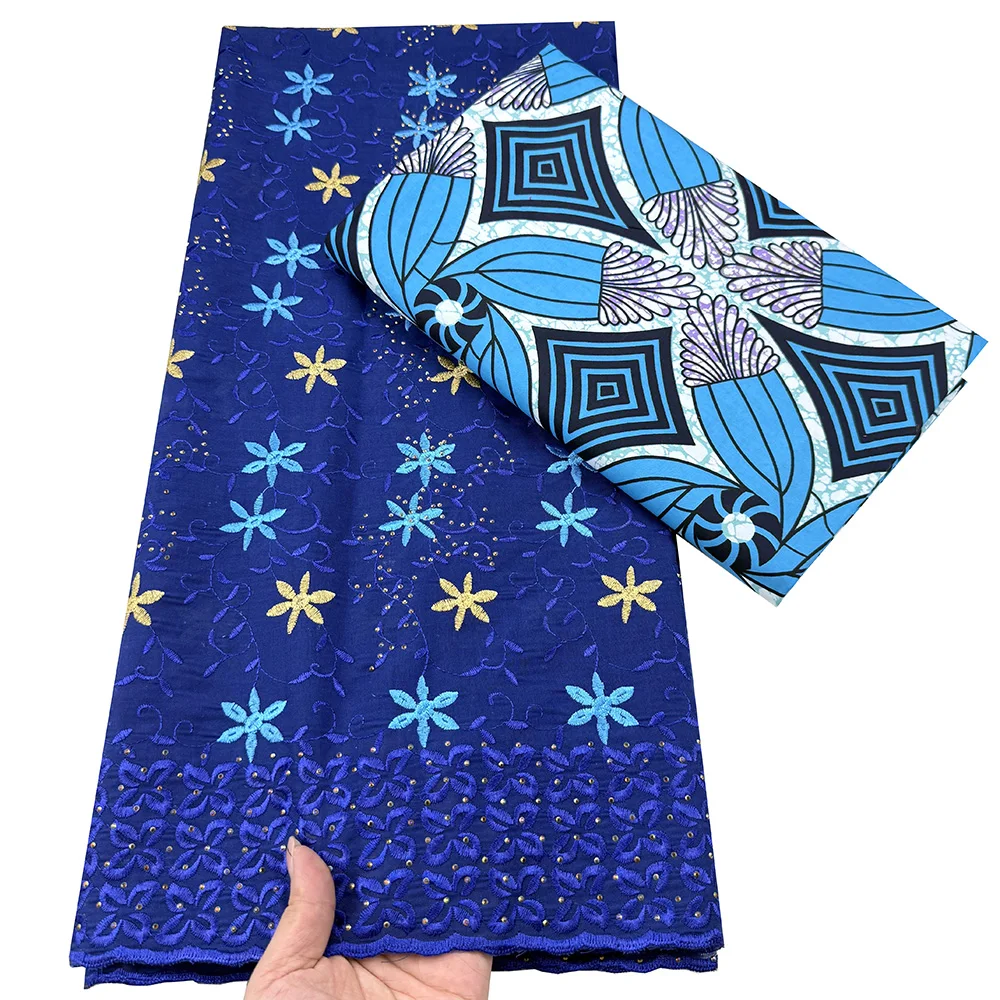 Newest African Wax Fabric for Party Dress Cotton Embroidery Swiss Voile Lace 2.5 Yards + 3 Yards Fabric For Sewing Women Dress
