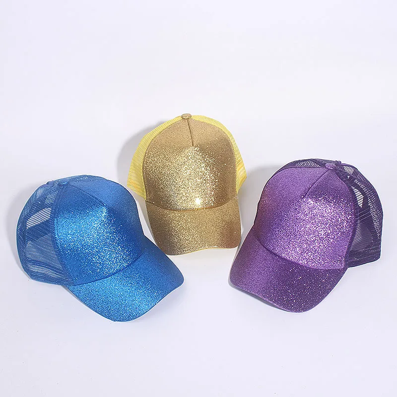 Gorra de béisbol con cola de caballo para mujer y niña, gorro con lentejuelas, brillante, desordenado, Snapback, informal