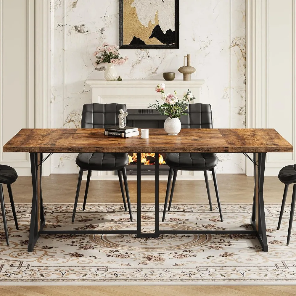 طاولة طعام، طاولة غرفة طعام للمطبخ مقاس 70.9 بوصة بإطار معدني قوي، أثاث مستطيل بأرجل شديدة التحمل وخشبية #1